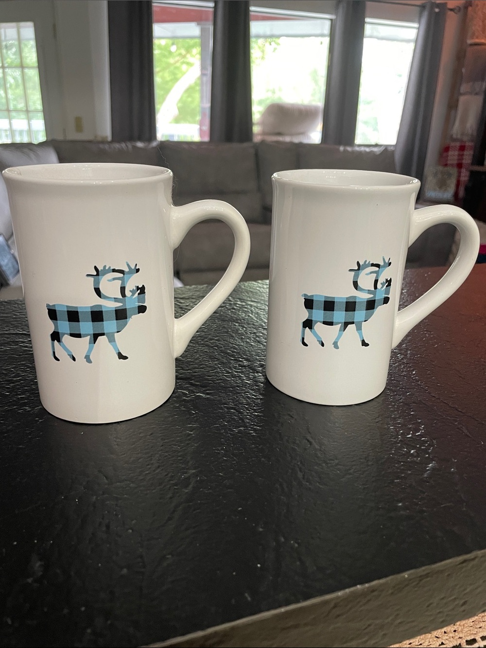 Caribou Coffee White Ceramic Mug with Blue Plaid Reindeer - Set of 2